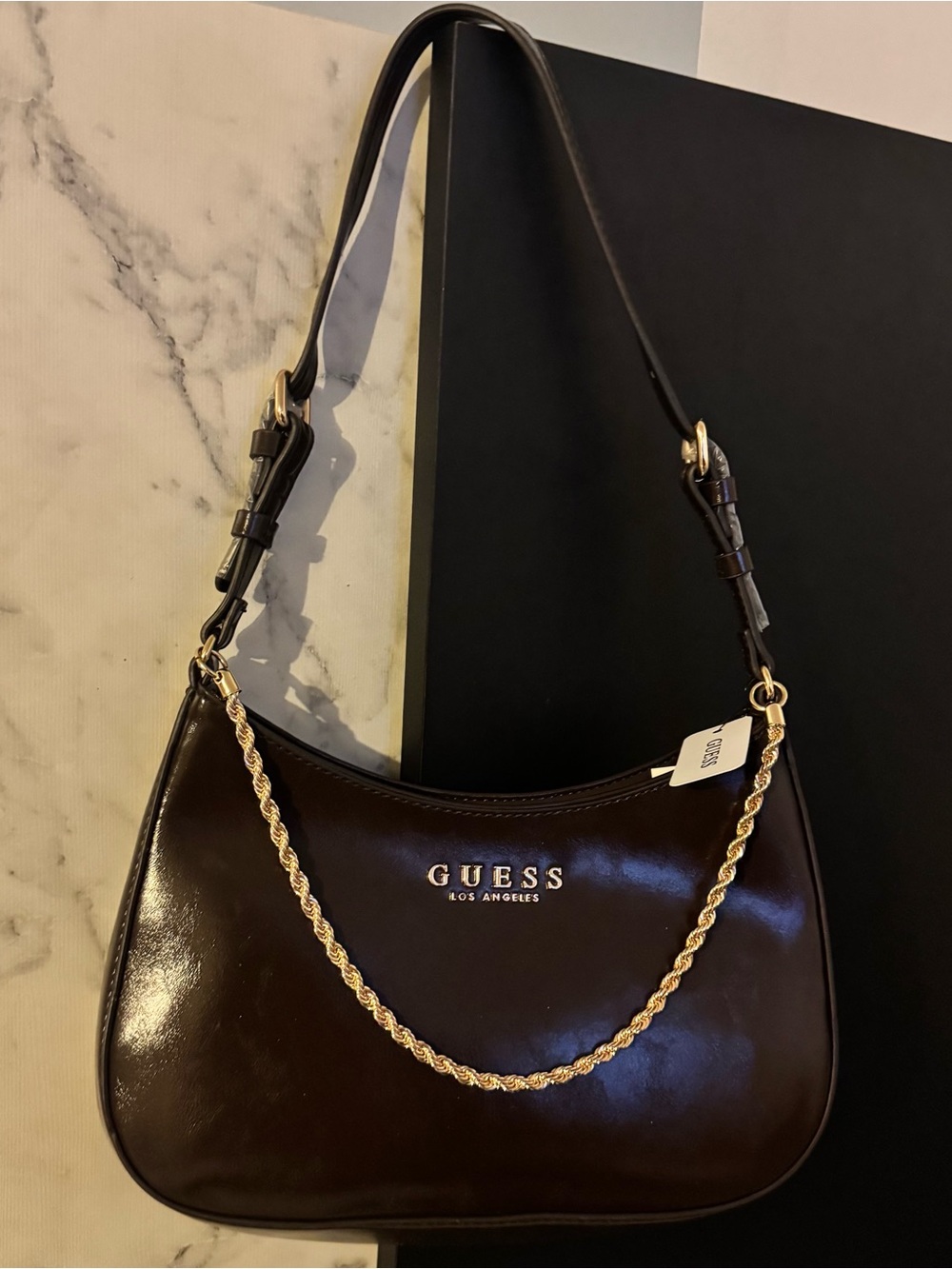 GUESS Dark Brown Shoulder Bag with Gold Chain Accent